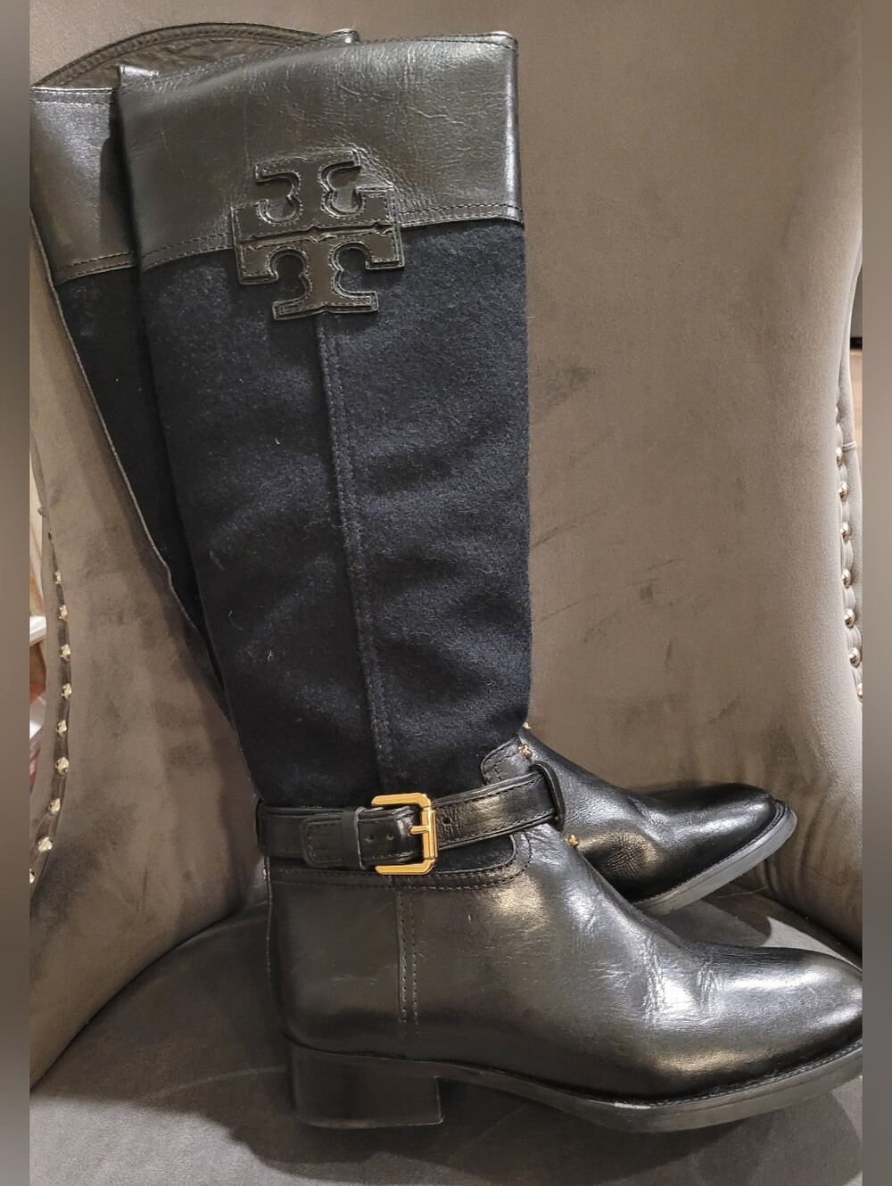 Tory Burch Black Leather Suede Logo Riding Boots Gold Hardware Size 5M - Picture 2 of 15